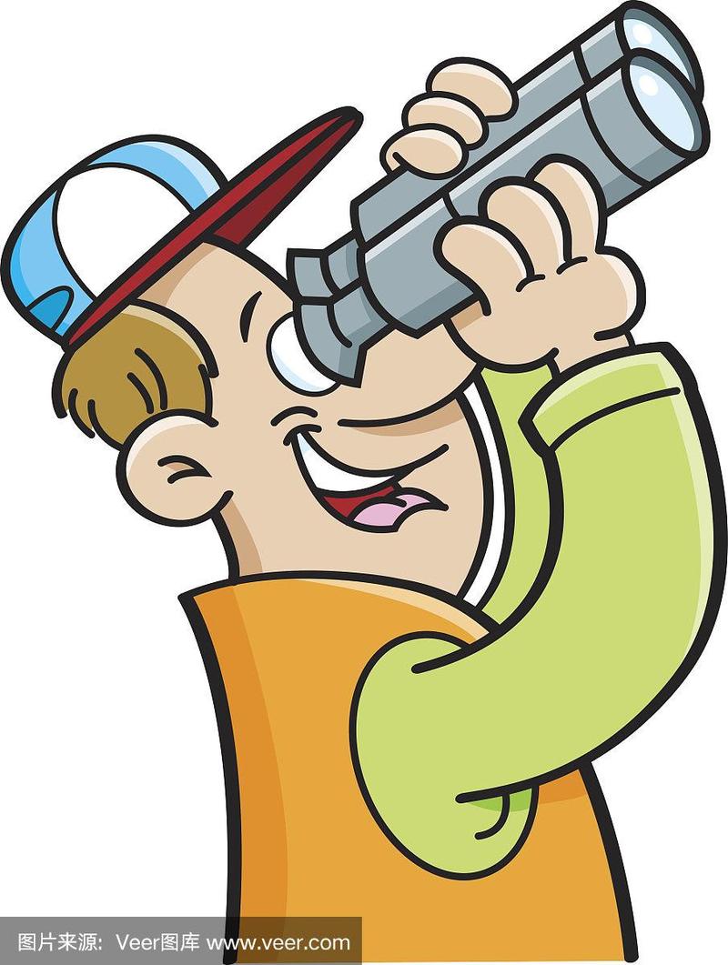 卡通人物透过双筒望远镜.