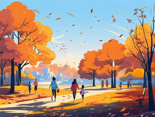 一群人在秋天的公园散步扁平ai插画树林风景秋季出行