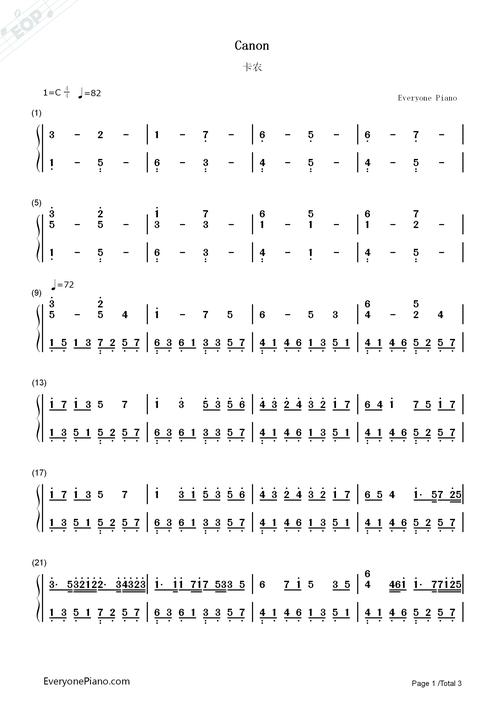 卡农-canon双手简谱预览1-钢琴谱文件(五线谱,双手简谱,数字谱,midi