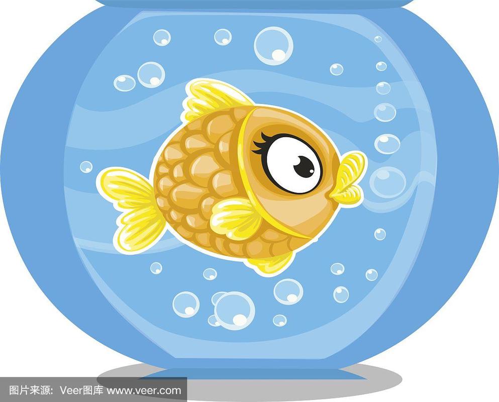 矢量插图可爱的卡通金鱼在水族馆与b