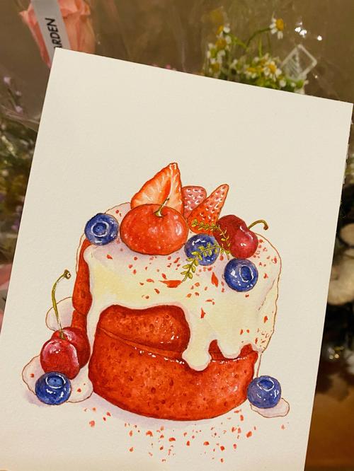 【水彩】红丝绒蛋糕_水彩画_红丝绒蛋糕_美食_钢笔淡彩_蛋糕_绘画