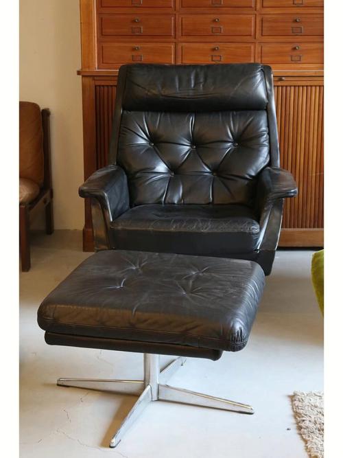 70年代比利时vintage中古皮革休闲沙发/带脚凳