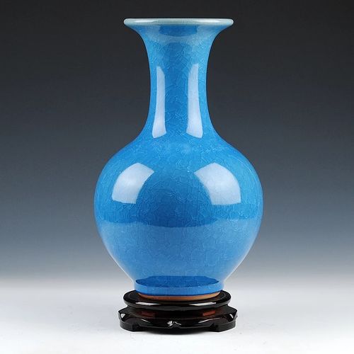 景德镇陶瓷 蓝色仿古冰片裂纹花瓶 现代中式家居装饰工艺品摆件